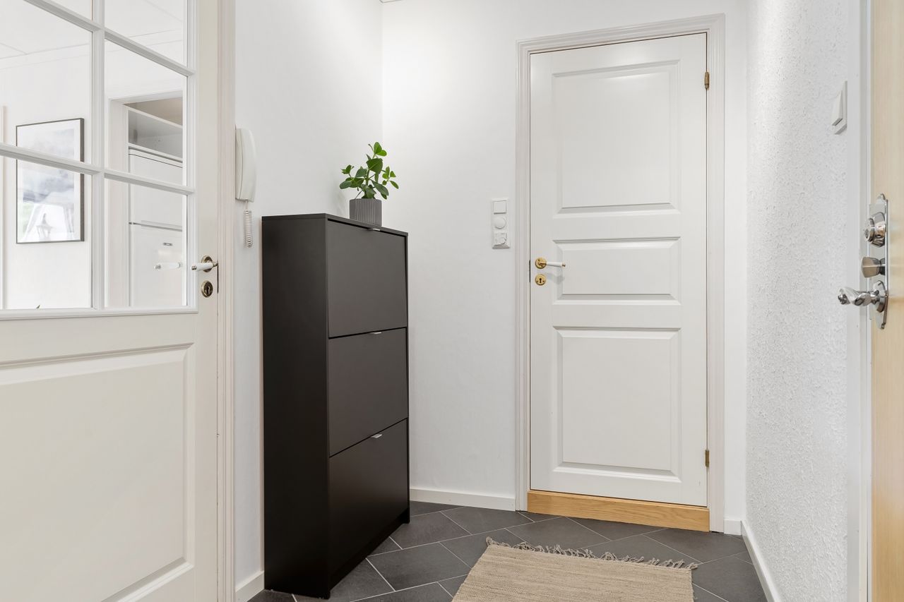 Sleek hallway featuring white doors, black dresser, and modern decor.